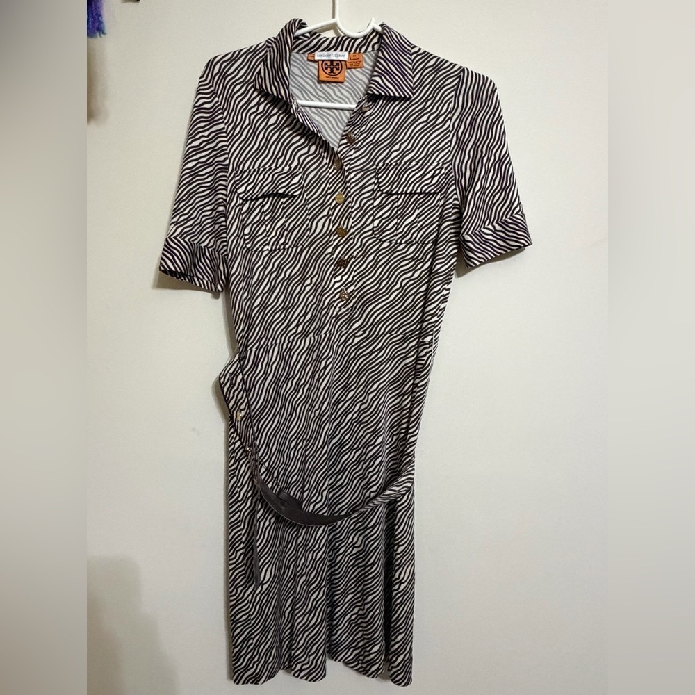 Tory Burch Black and White Striped Long Sleeve Dress